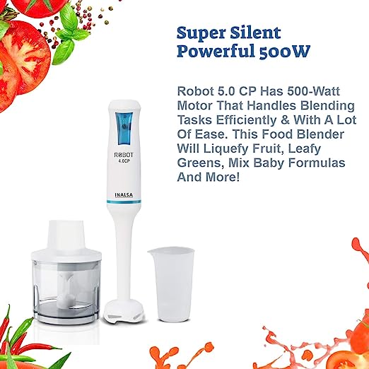 Inalsa Hand Blender Robot 4.0 CP 400-Watt Heavy Duty | 2 in 1 Hand Blender/Chopper | 2 Year Warranty| Super Silent Powerful Motor| 700 ml Break Resistant Multipurpose Jar, (White/Blue) Inalsa Hand Blender Robot 4.0 CP 400-Watt Heavy Duty | 2 in 1 Hand Blender/Chopper | 2 Year Warranty| Super Silent Powerful Motor| 700 ml Break Resistant Multipurpose Jar, (White/Blue)